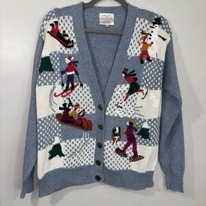 Vtg 1992 Susan Bristol Womens M Navy Blue Cardigan Ice Skaters Patchwork READ